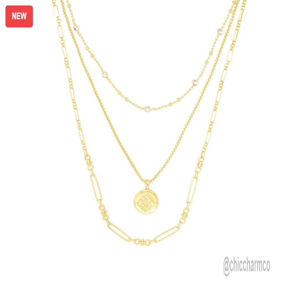 Gold-Plated Brass Triple Strand Necklace With Lobster Clasp, Pre-Layered